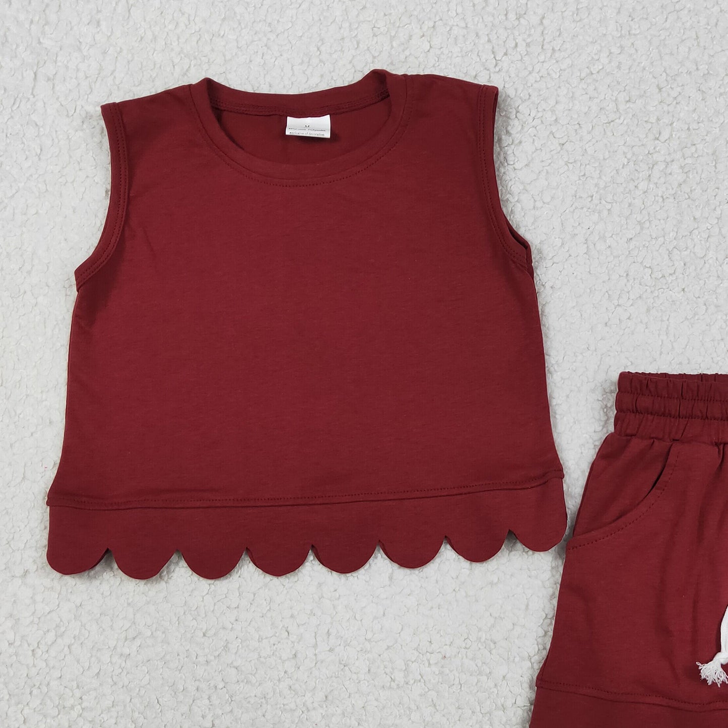 RTS NO MOQ cotton GSSO3734 Baby Girls Maroon Sleeveless Top Scallop Pocket Cotton Clothes Set