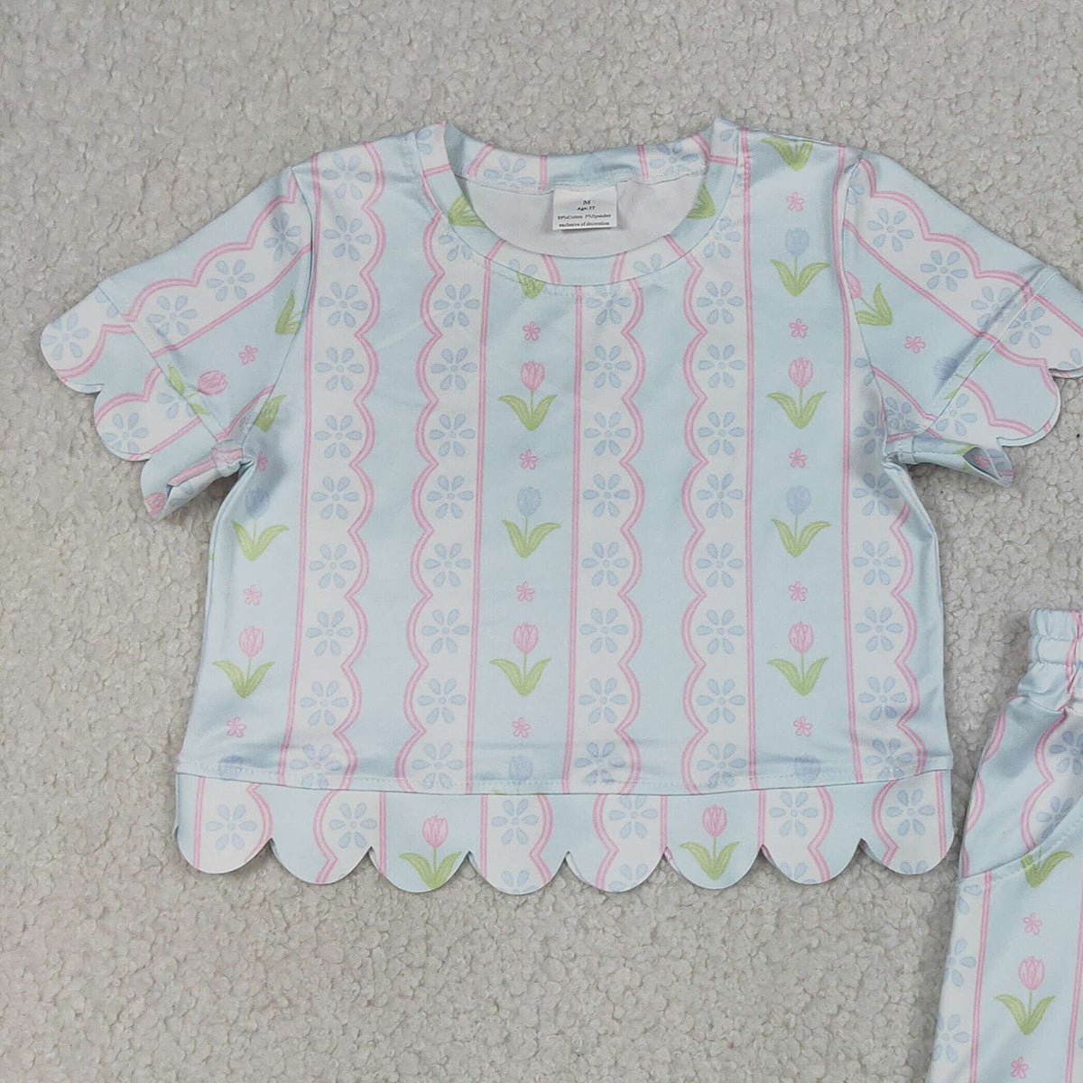 RTS NO MOQ GSSO3412 Baby Girls' Clothes Set with Floral Stripe Top And Scallop Shorts Outfit for Infants