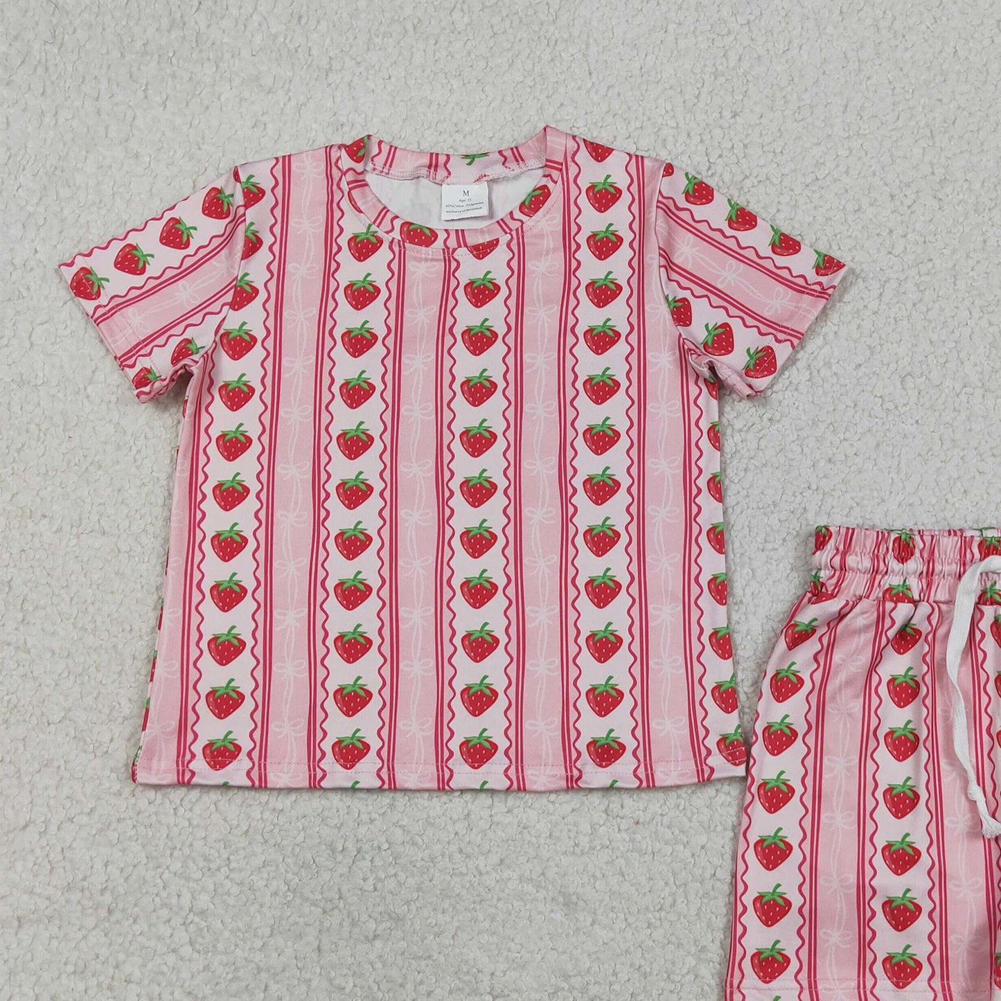 RTS NO MOQ milk silk GSSO3649 Baby Girls Strawberry Stripe Bows Top Short Pajamas Set