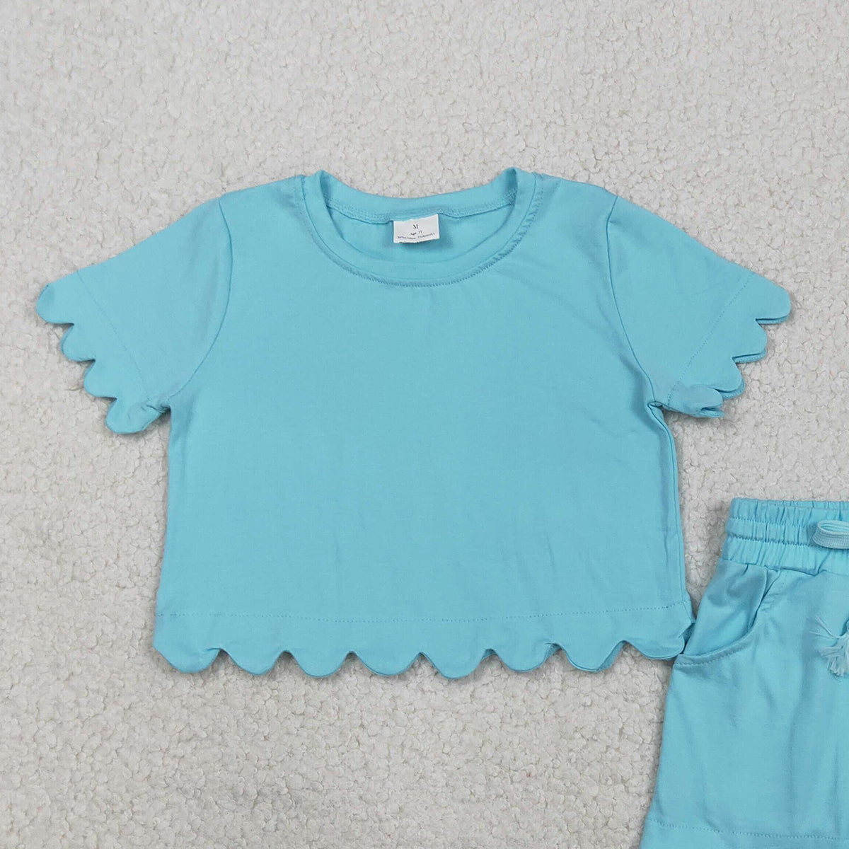RTS NO MOQ GSSO3180 Baby Girls Blue Short Sleeve Shirt Top with Scallop Trim Matching Shorts Cute Outfit Set for Little Ones