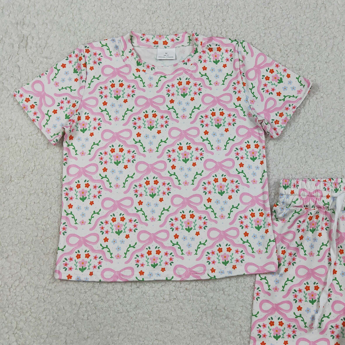 RTS NO MOQ Baby Girls Short Sleeve Bows Flowers Checked Top Shorts Slouchy Set