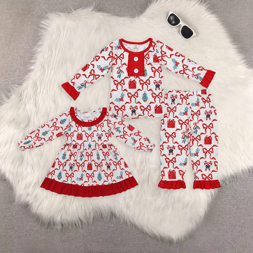 RTS NO MOQ Sibling baby girls clothes Christmas bow gifts red long-sleeved trousers suit & dress