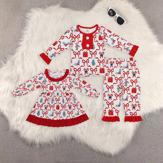 RTS NO MOQ Sibling baby girls clothes Christmas bow gifts red long-sleeved trousers suit & dress