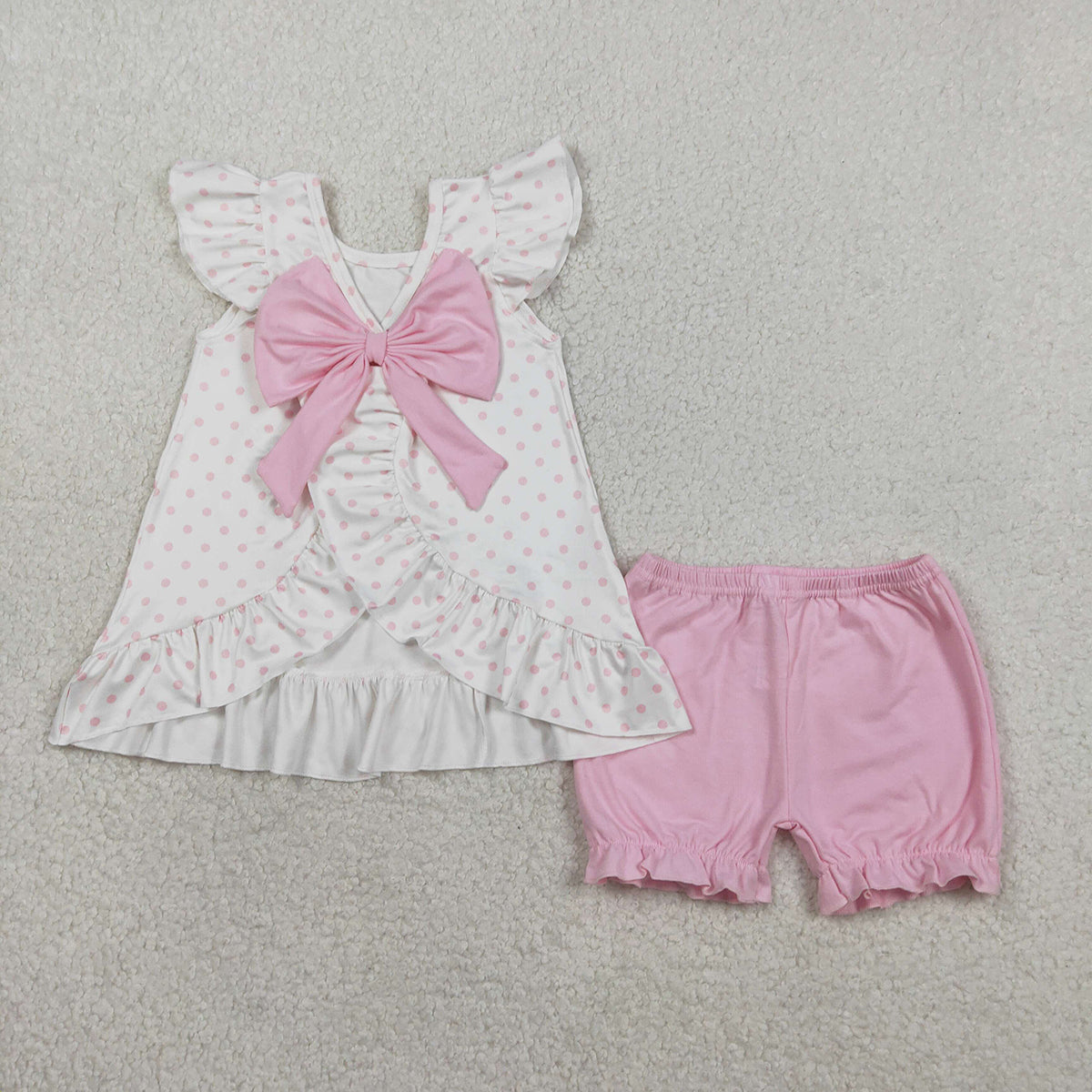 RTS NO MOQ GSSO3018 Baby Girls Easter Outfit Set Cross Polka Dots Back Bow Tunic with Ruffle Shorts