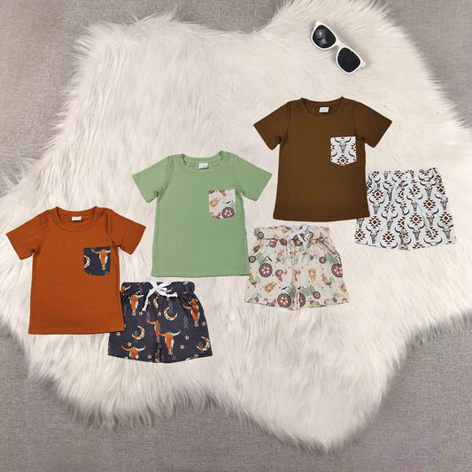 RTS NO MOQ Sibling baby boys boy clothes Short Sleeve Green Shorts Sets