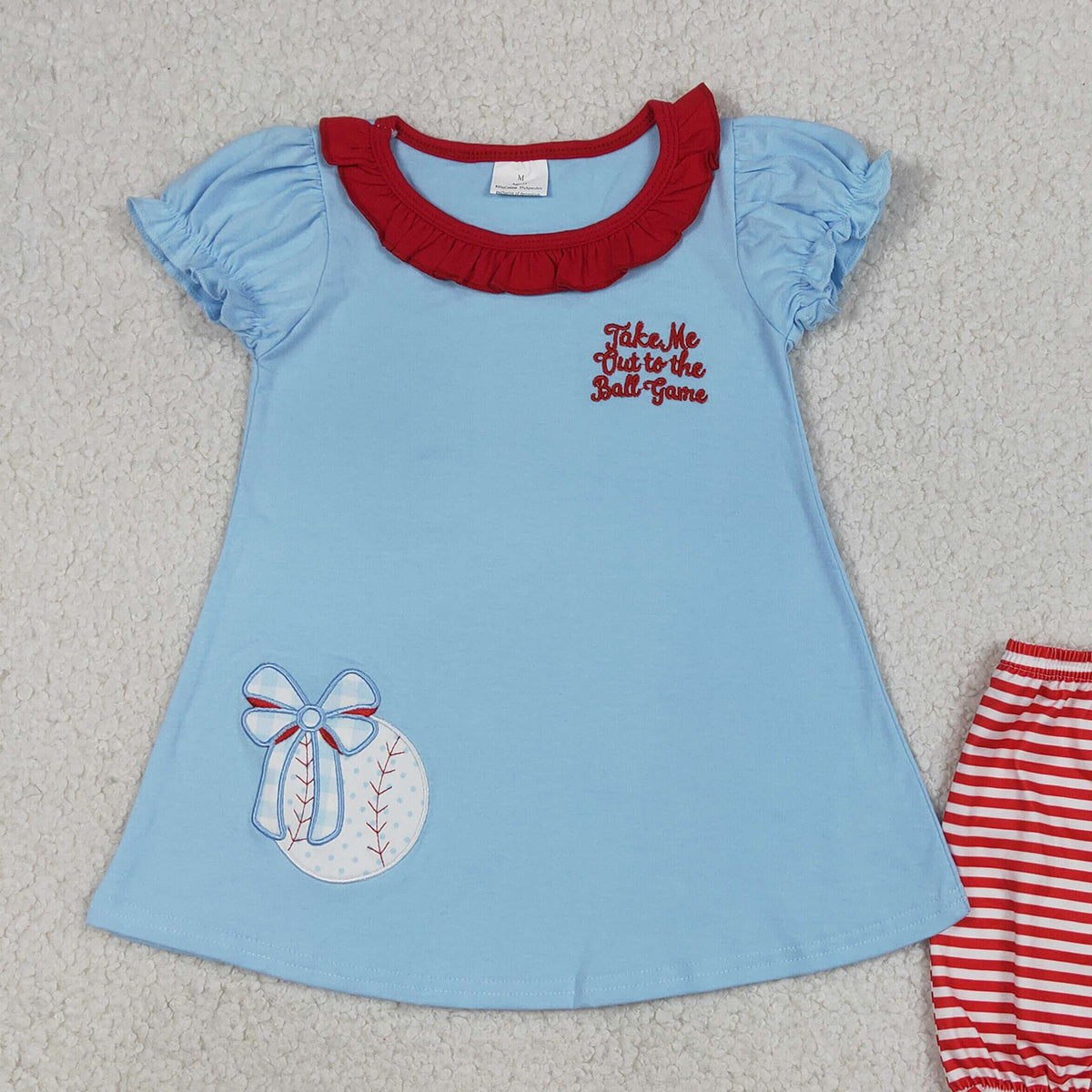 RTS NO MOQ GSSO3245 Baby Girls Embroidery Baseballs Bows Tunic Top with Stripe Ruffle Shorts Team Clothes