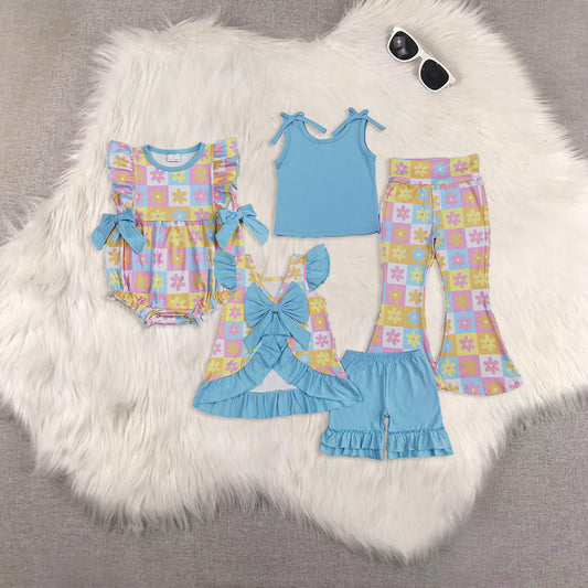 RTS Sibling baby girl clothes floral plaid Short Sleeve Shorts pants sets romper