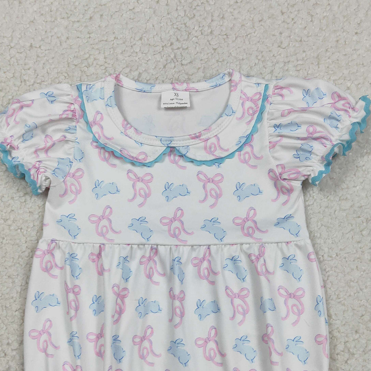 RTS NO MOQ SR3938 Baby Girls Easter Themed Ruffle Rompers with Short Sleeves Bow Detail And Cute Rabbit Collar for Infants