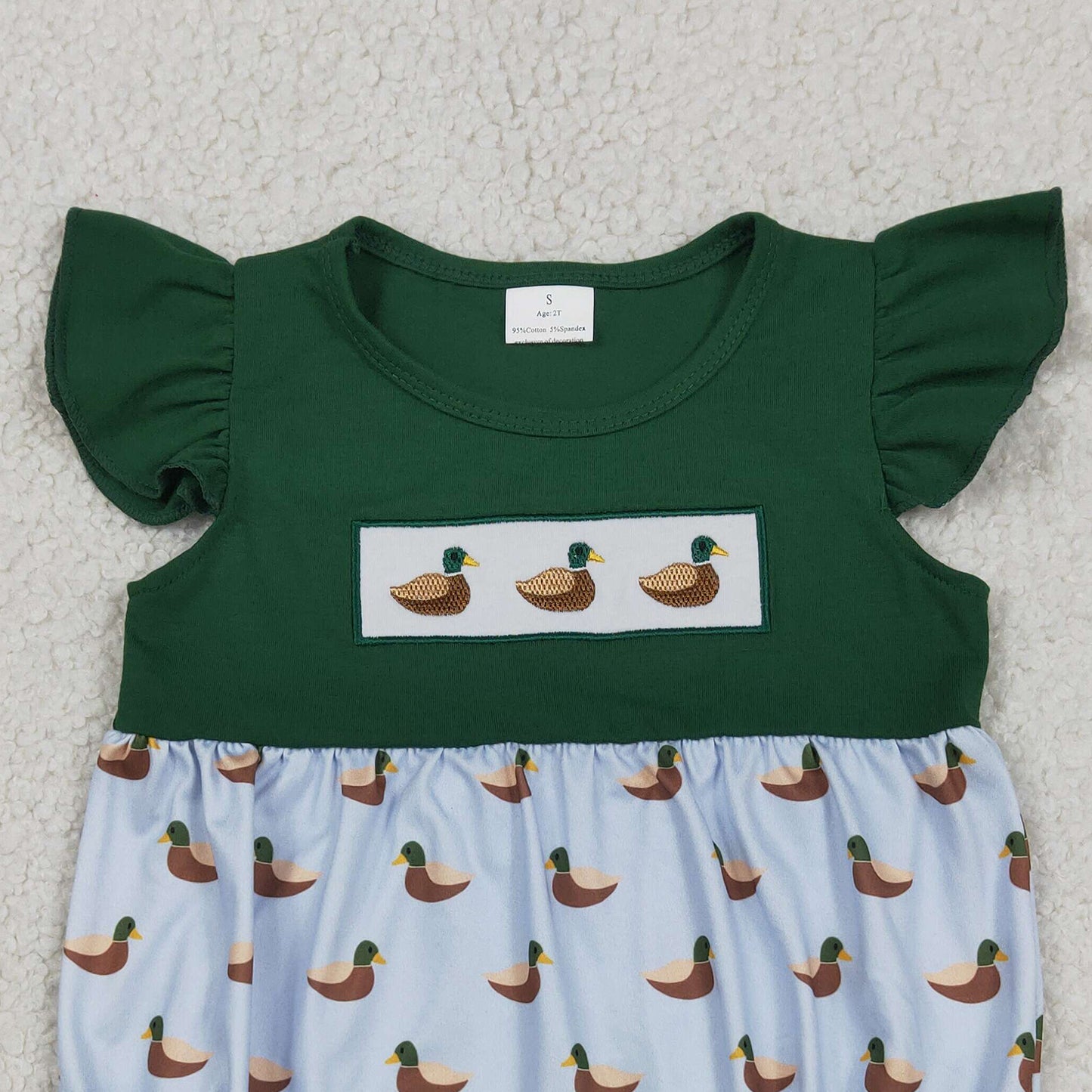 RTS NO MOQ milk silk SR4091 Baby Girls Hunting Embroidery Ducks Flutter Sleeve Rompers