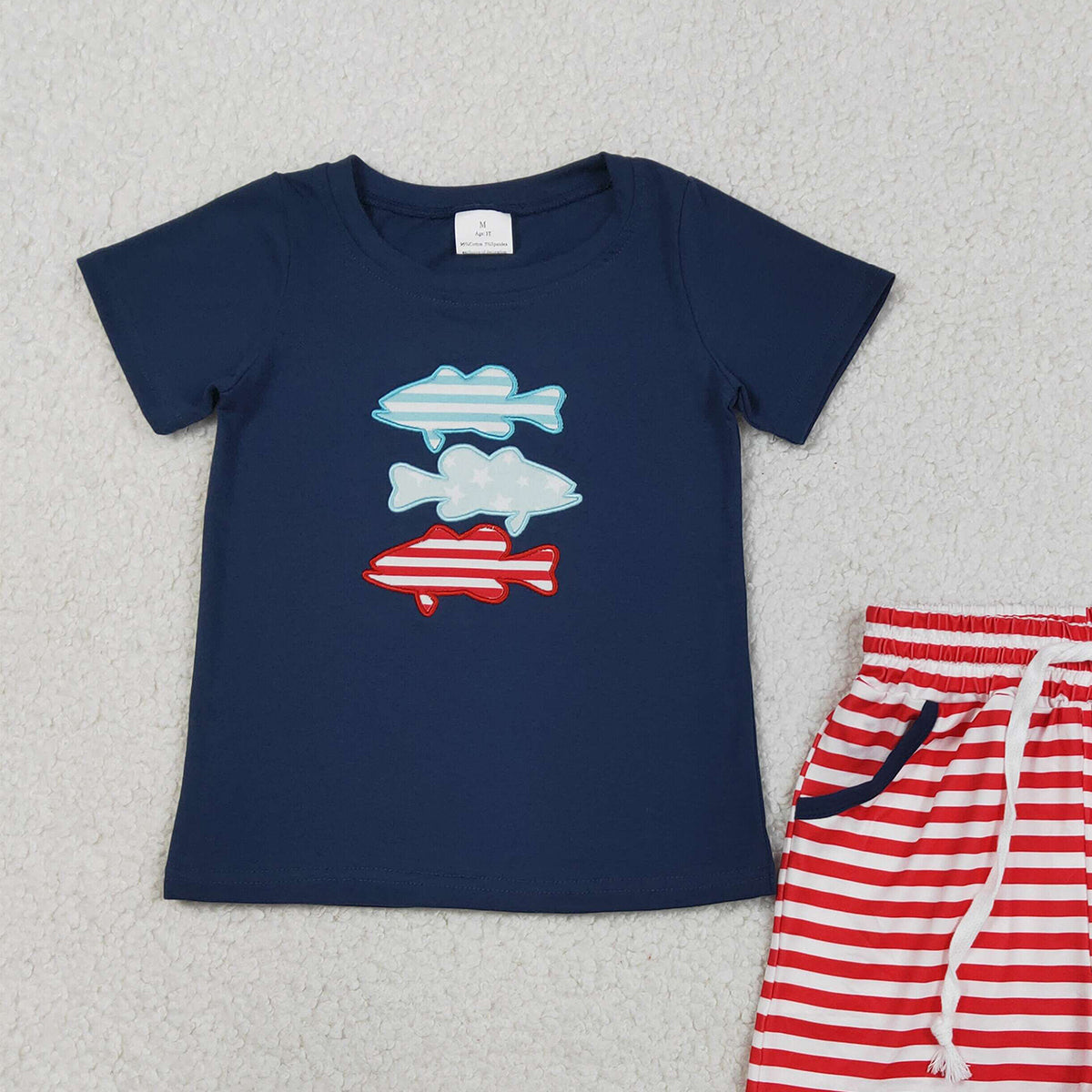 RTS NO MOQ BSSO1741 Embroidered Fish Baby Boys Outfit with Stripe Top And Shorts Clothing Set for 4th of July