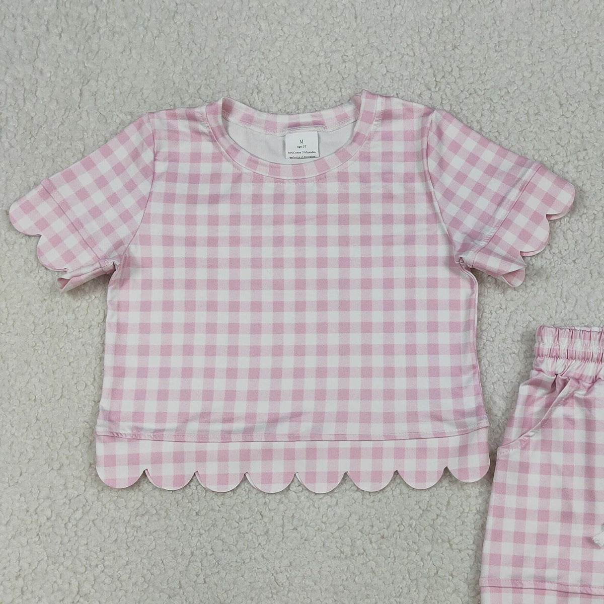 RTS NO MOQ GSSO3183 Baby Girls Light Pink Checked Short Sleeve Top And Scallop Shorts Set