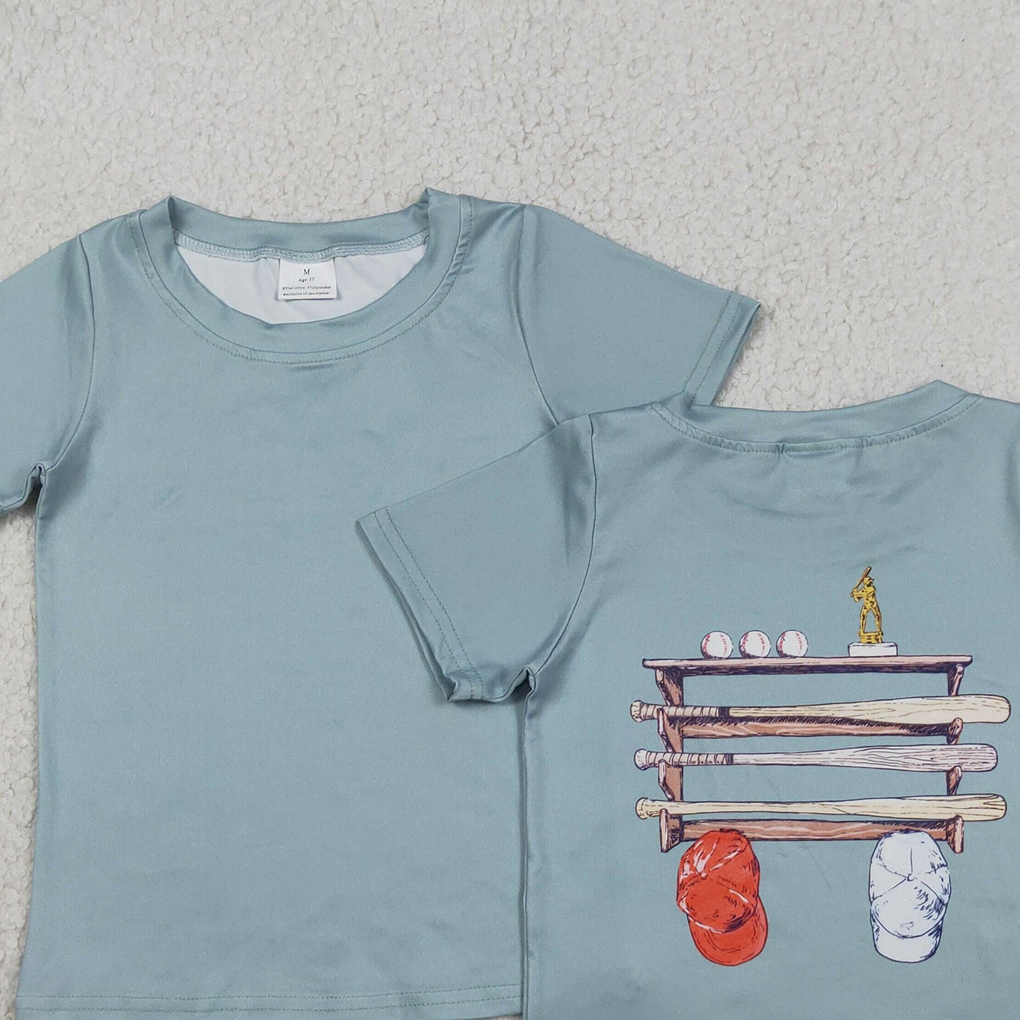 RTS NO MOQ BT1762 milk silk Baby Boys Casual Light Blue Short Sleeve Back Baseball Print T Shirt