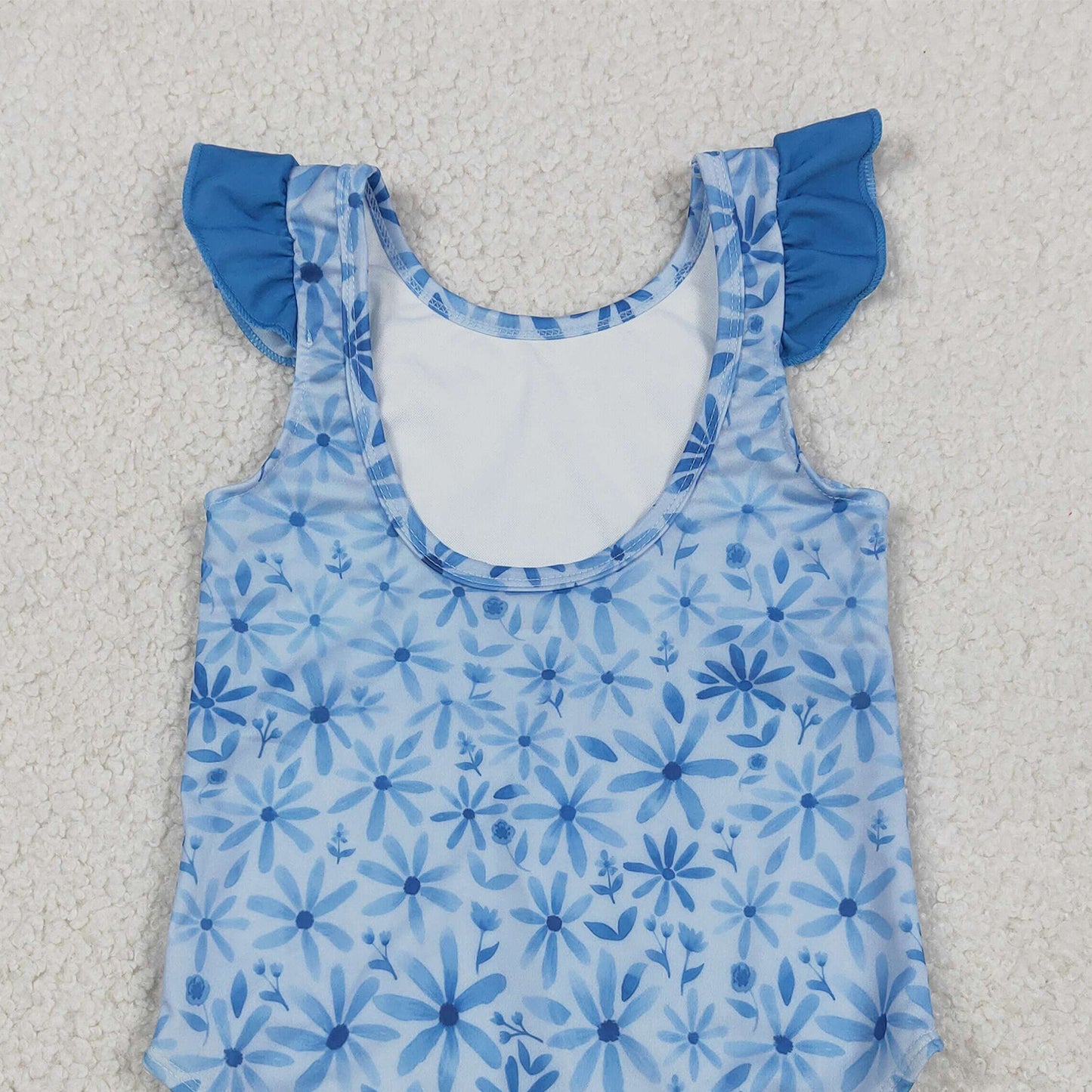 RTS NO MOQ milk silk S0515 Baby Girls Summer Cute Flutter Sleeve Blue Flowers One Piece Bummies Swimsuits