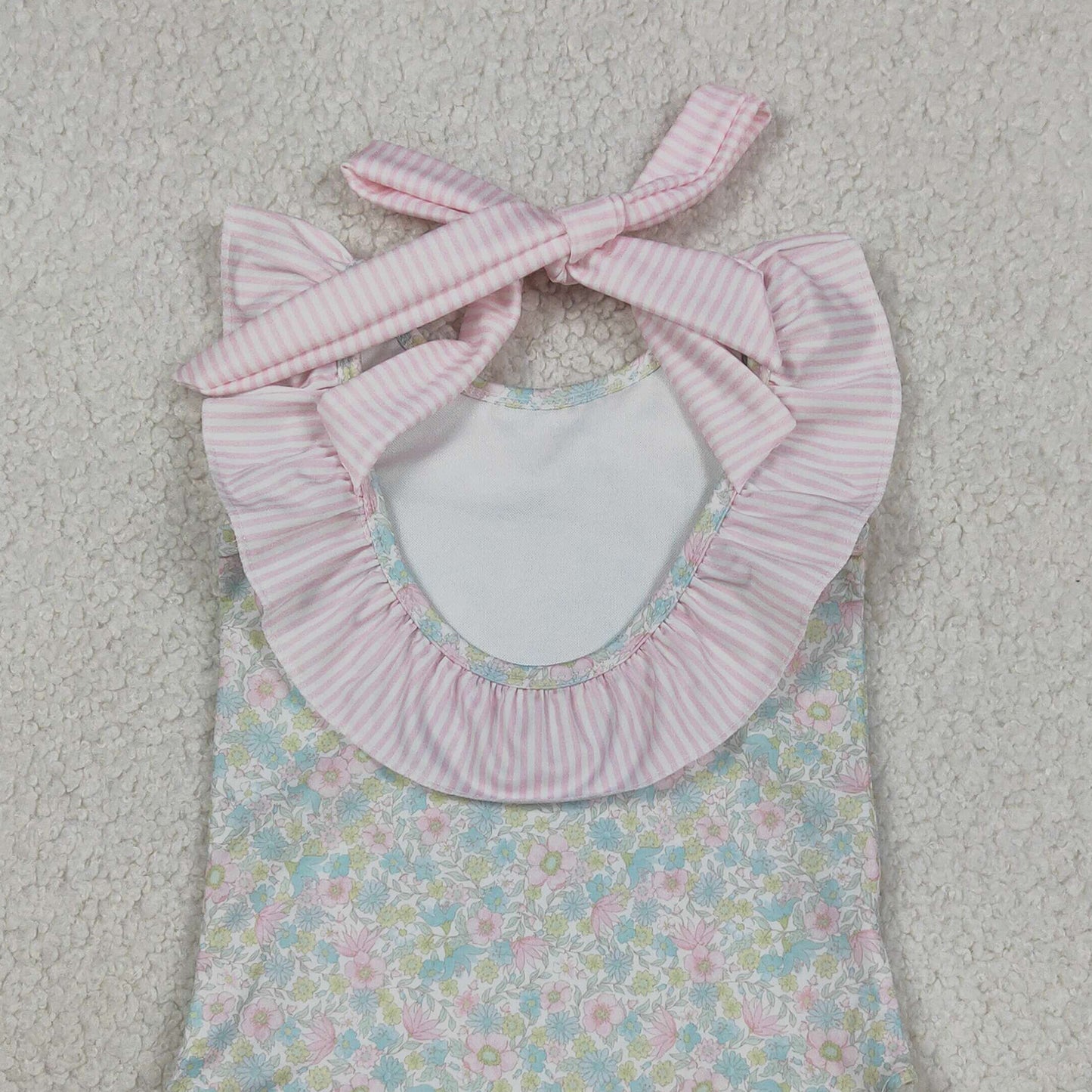 RTS NO MOQ S0732 Baby Girls Summer Stripe Bow Flutter Sleeve Floral Swimsuits