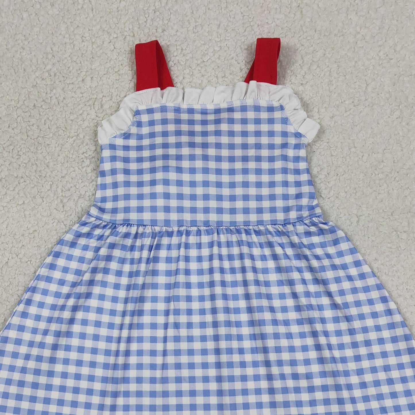 RTS NO MOQ milk silk GSD3843 Baby Girls Blue Plaid Strap Back Bow 4th of July Knee Dress