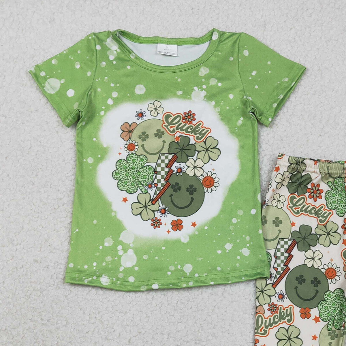 RTS NO MOQ GSPO1876  Baby Girls St. Patrick's Day Outfit Set with Smile Four-leaf Clover Shirt Top And Bell Pants Cute Baby Clothing Set