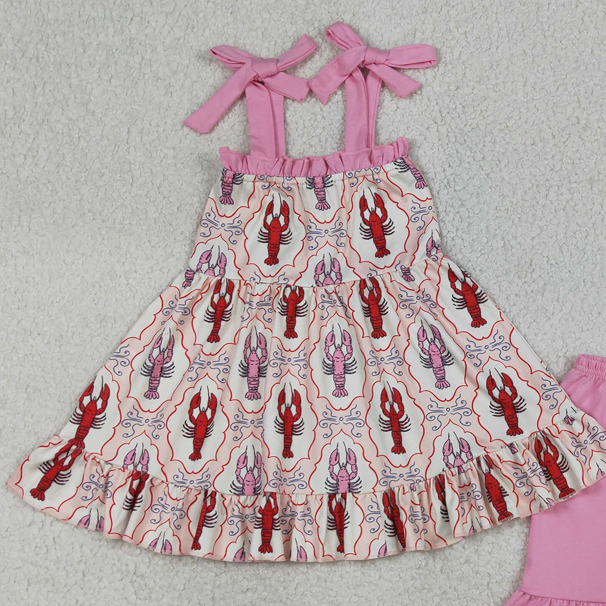RTS NO MOQ GSSO3299 Baby Girls Checked Tunic Ruffle Shorts Outfit with Strap Bows Crayfish Clothing Set for Infants