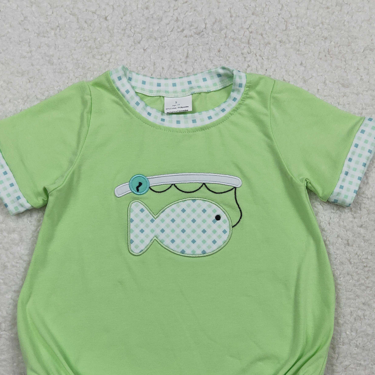 RTS NO MOQ SR3750 Baby Boys Green Short Sleeve Rompers Embroidery Fishes Hunting Outfit for Infants