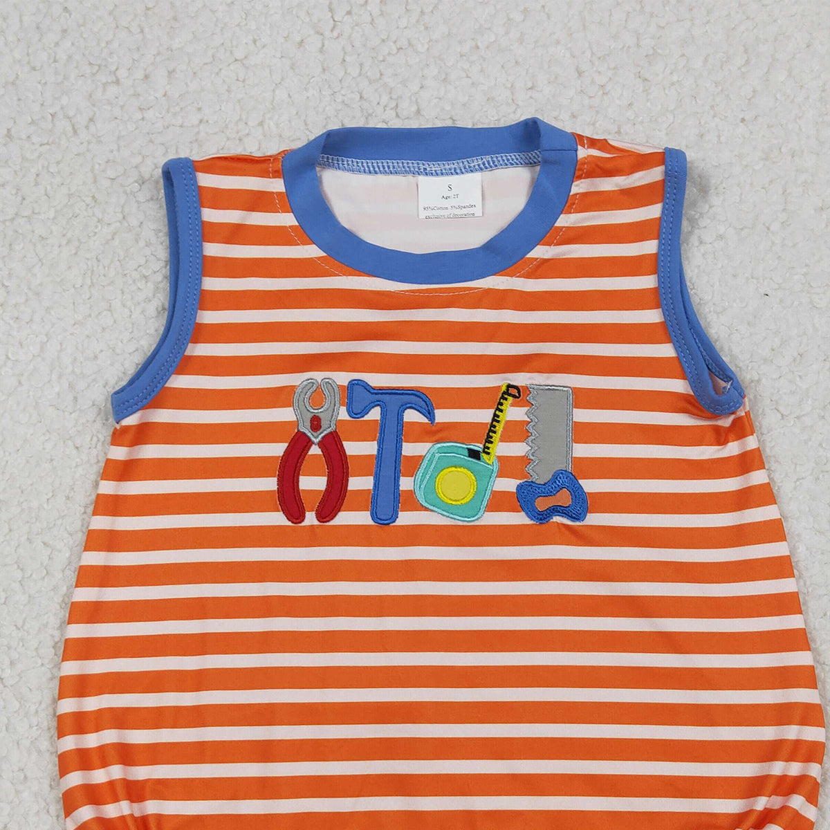 RTS NO MOQ SR3943 Baby Boys Embroidery Tools Sleeveless Orange Stripe Rompers for Newborns