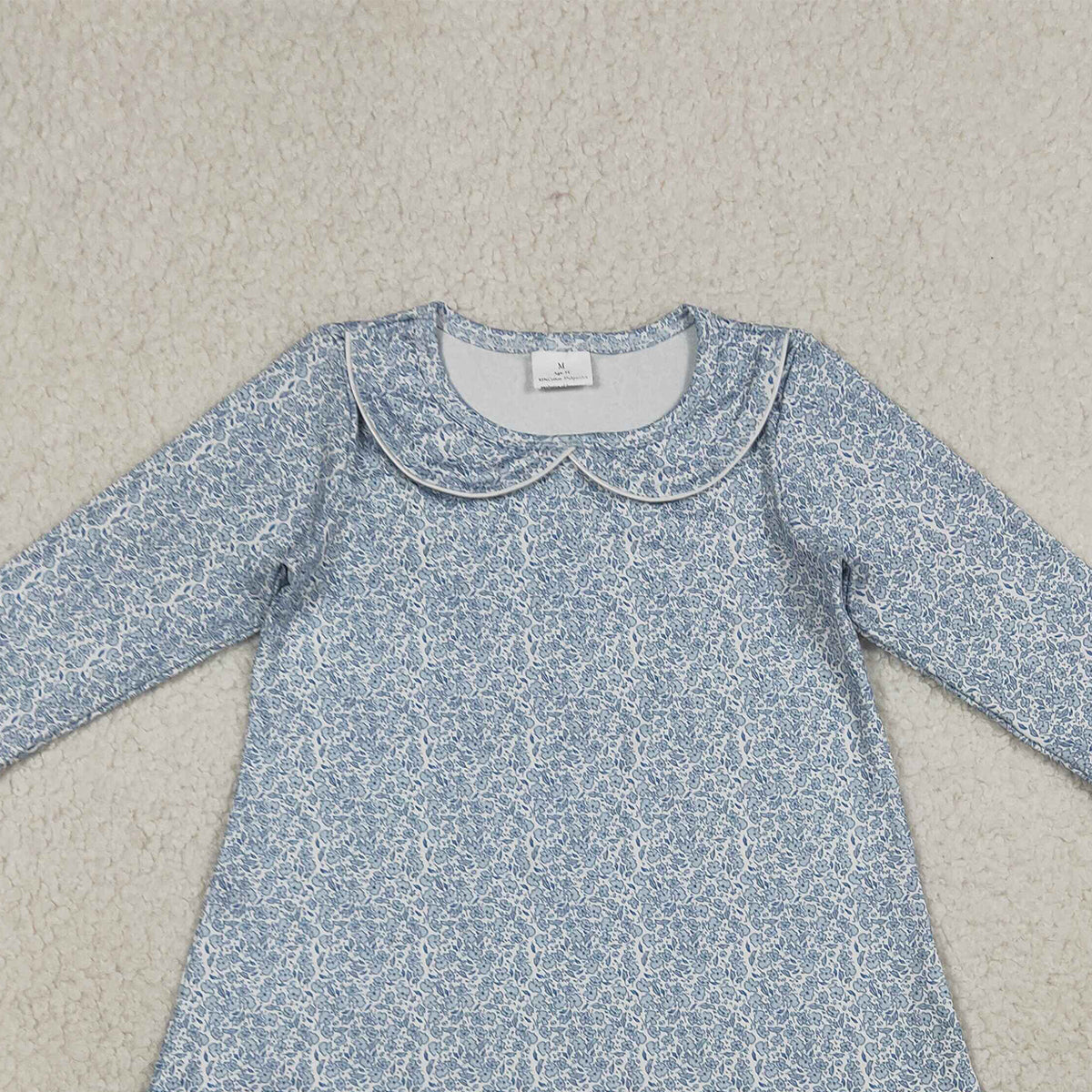 RTS NO MOQ GLD1424 Baby Girls Long Sleeve Blue Floral Collar Ruffle Knee-Length Dress Cute Infant Girl Outfit