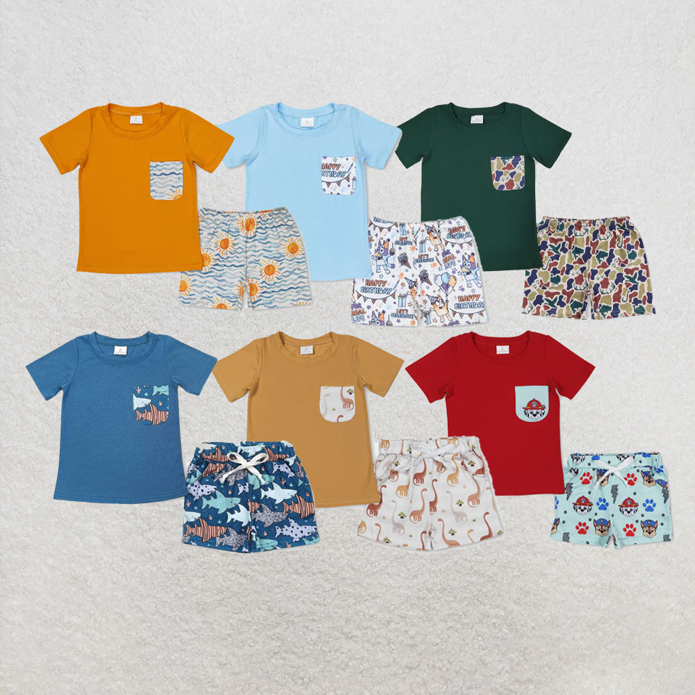 RTS NO MOQ Sibling Baby Boys Sea Sun Short Sleeve Tee Shirts Tops Shorts Clothes Sets