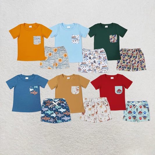 RTS NO MOQ Sibling Baby Boys Sea Sun Short Sleeve Tee Shirts Tops Shorts Clothes Sets