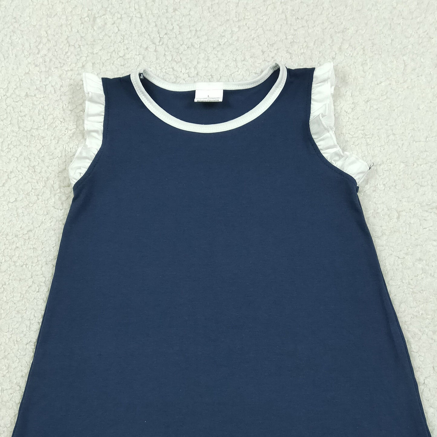 RTS NO MOQ cotton GSD4056 Baby Girls Sleeveless Navy Blue Scallop Knee-Length Dresses Summer Girl's Clothes