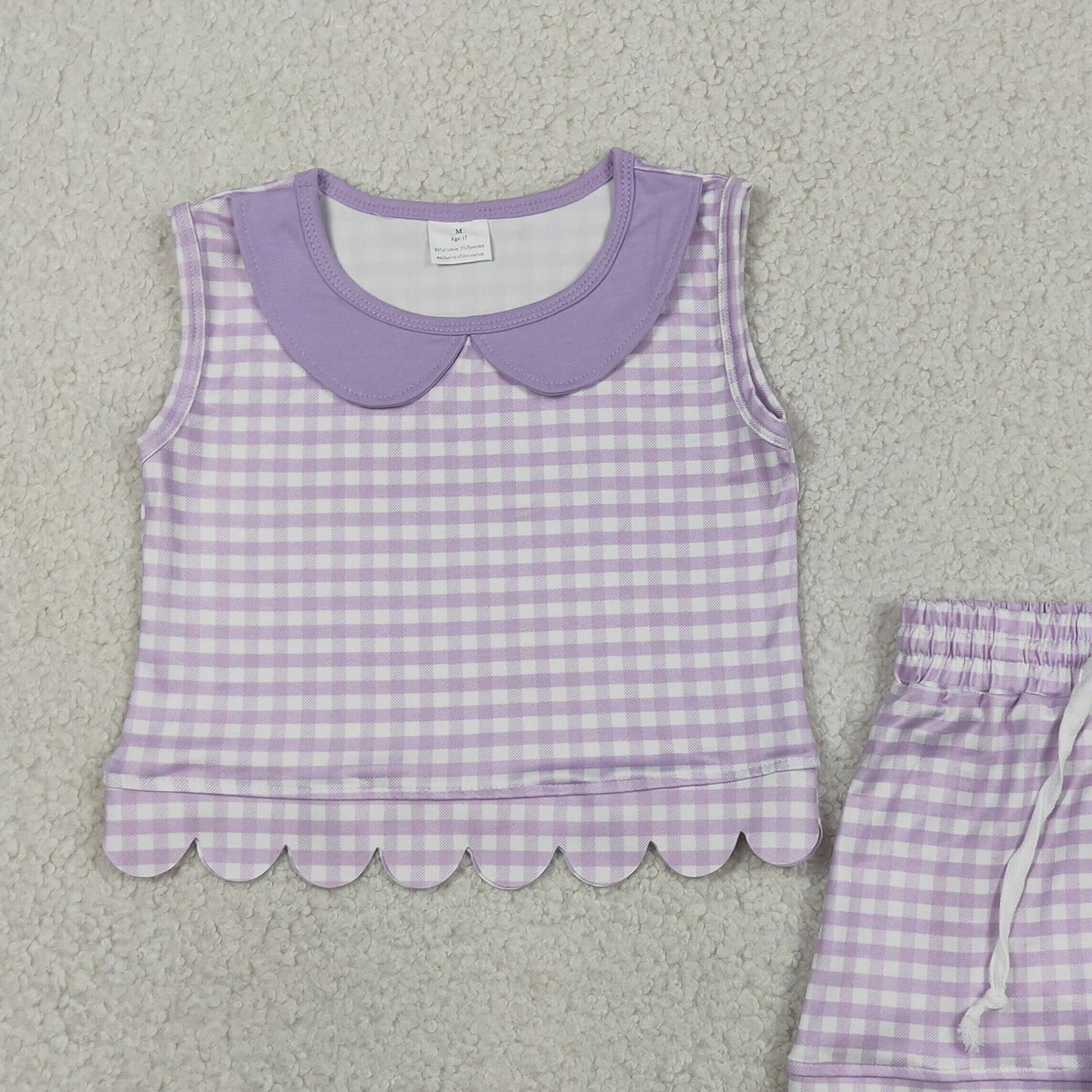 RTS NO MOQ milk silk GSSO3396 Baby Girls Lavender Check Collar Sleeveless Top Scallop Hem Shorts Set