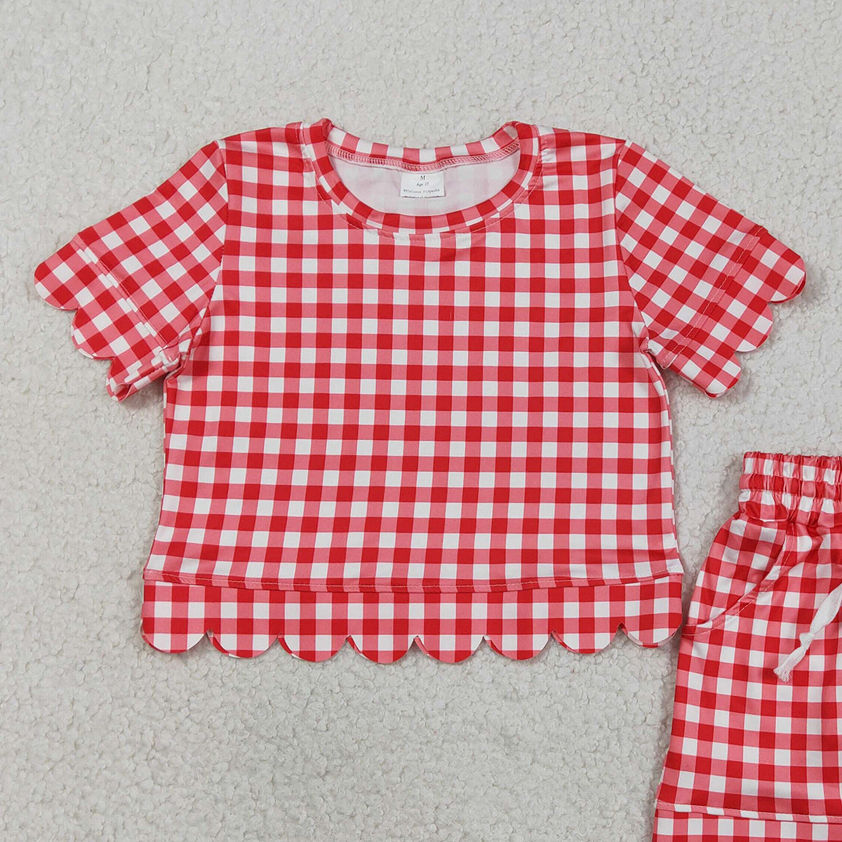 RTS NO MOQ GSSO3187 Baby Girls Red Checked Shirt Top with Pockets Short Scallop Design Clothes Set Outfit for Infants