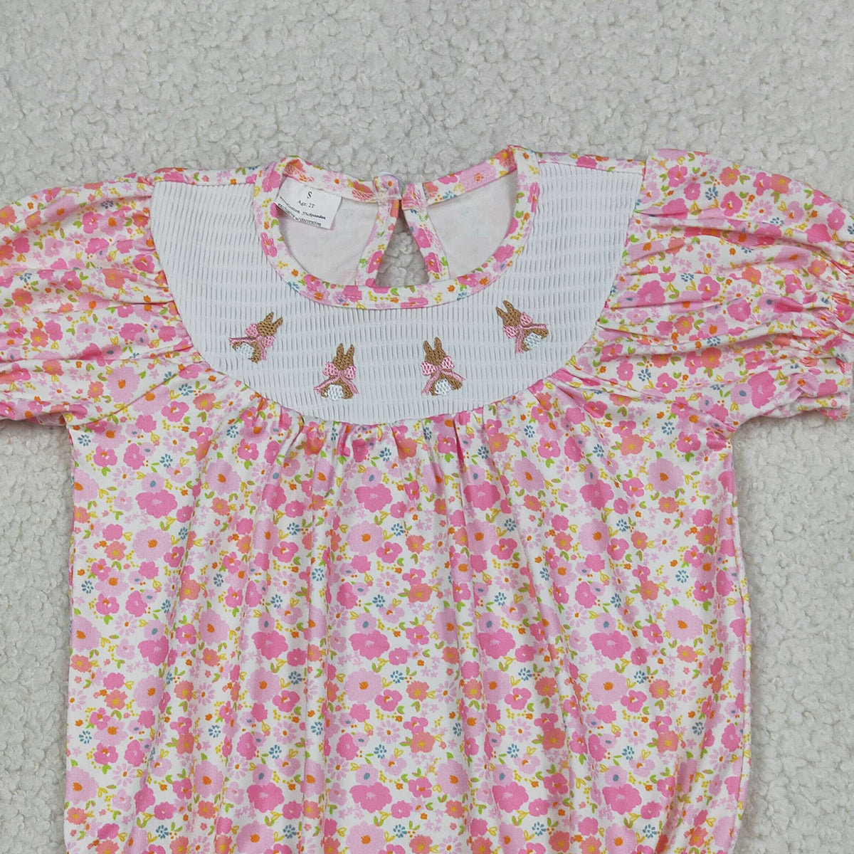 RTS NO MOQ SR3785 Baby Girls Pink Flowers Easter Ruffle Rompers Smocked Bow Rabbits Summer Outfit for Infants