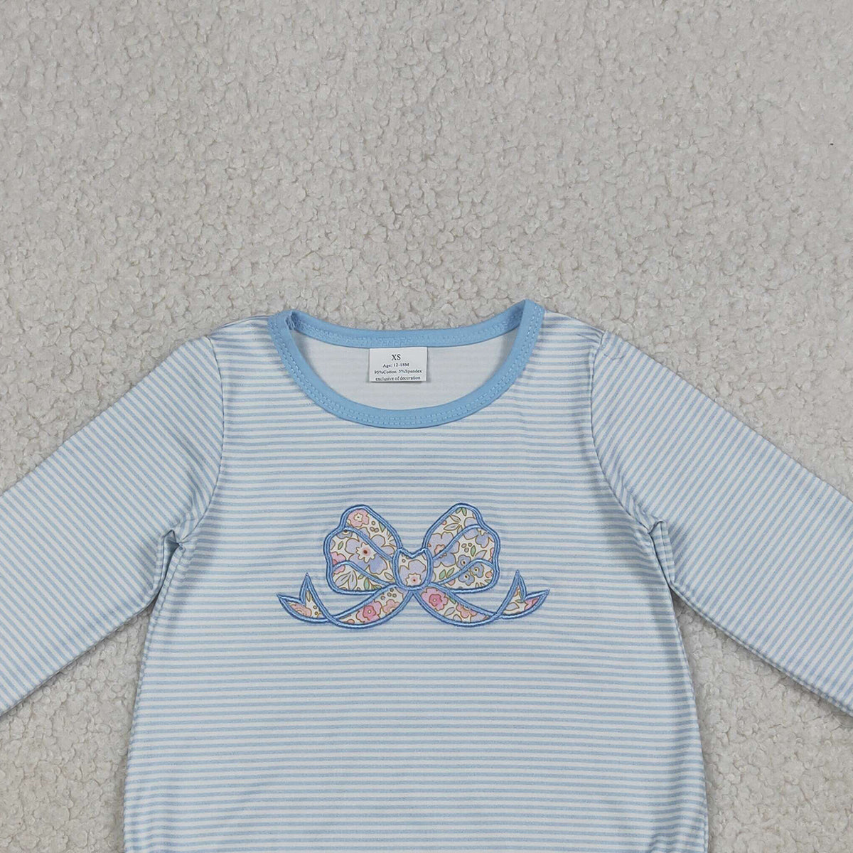 RTS NO MOQ LR2917 Baby Girls Blue Stripe Ruffle Rompers Embroidery Floral Bow