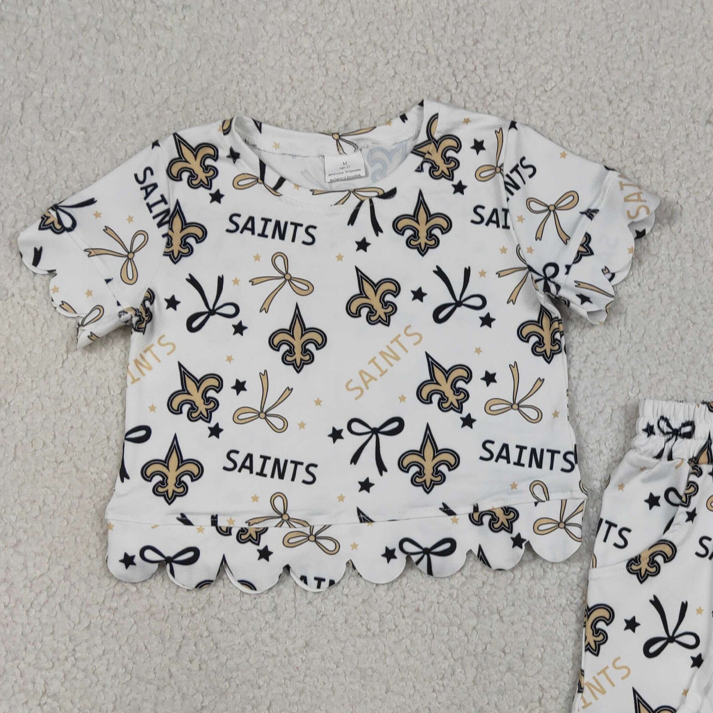 RTS NO MOQ milk silk GSSO3561 Baby Girls Star Bow Print Top Pocket Scallop Short Team Set
