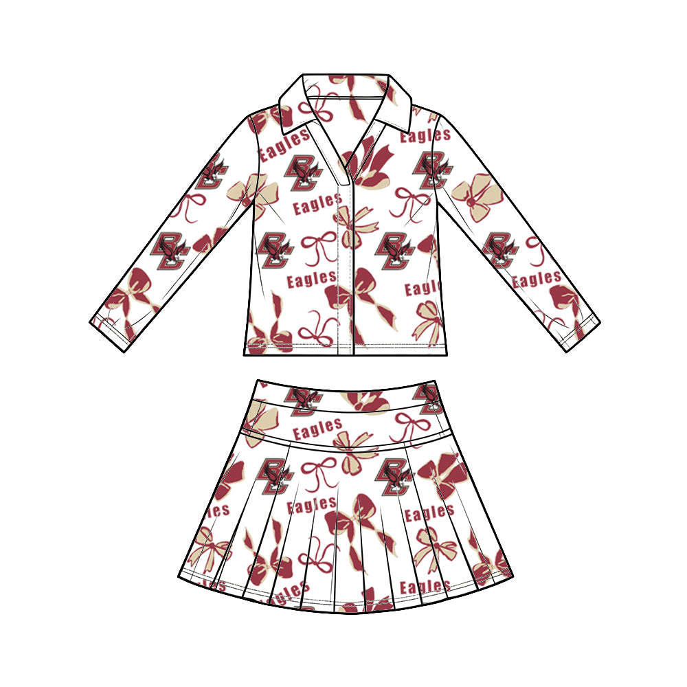 custom moq 5 mix size  XY072507 Baby Girls Summer Bow Print Long Sleeve Top Pleated Skirt Two Piece Team Yoga Outfit