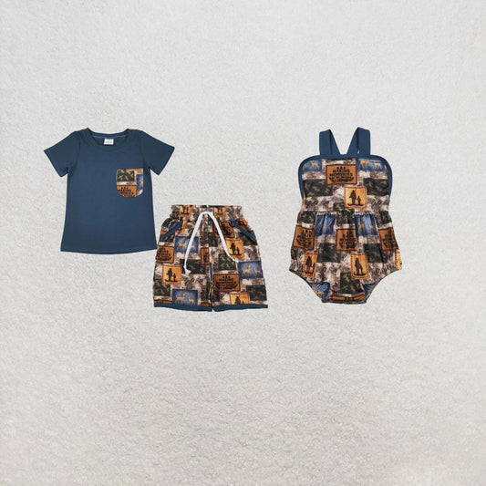 RTS NO MOQ Sibling Baby Boys Shirt Top Deer Camo Checked Pockets Shorts Hunting Clothes Sets