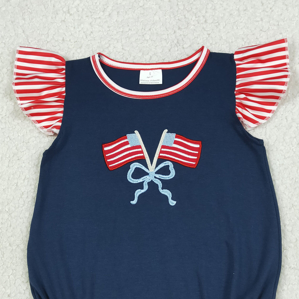 RTS NO MOQ SR3903 Baby Girls' 4th of July Ruffle Rompers with Embroidery Bows Flags And Flutter Sleeves for Infant Girls