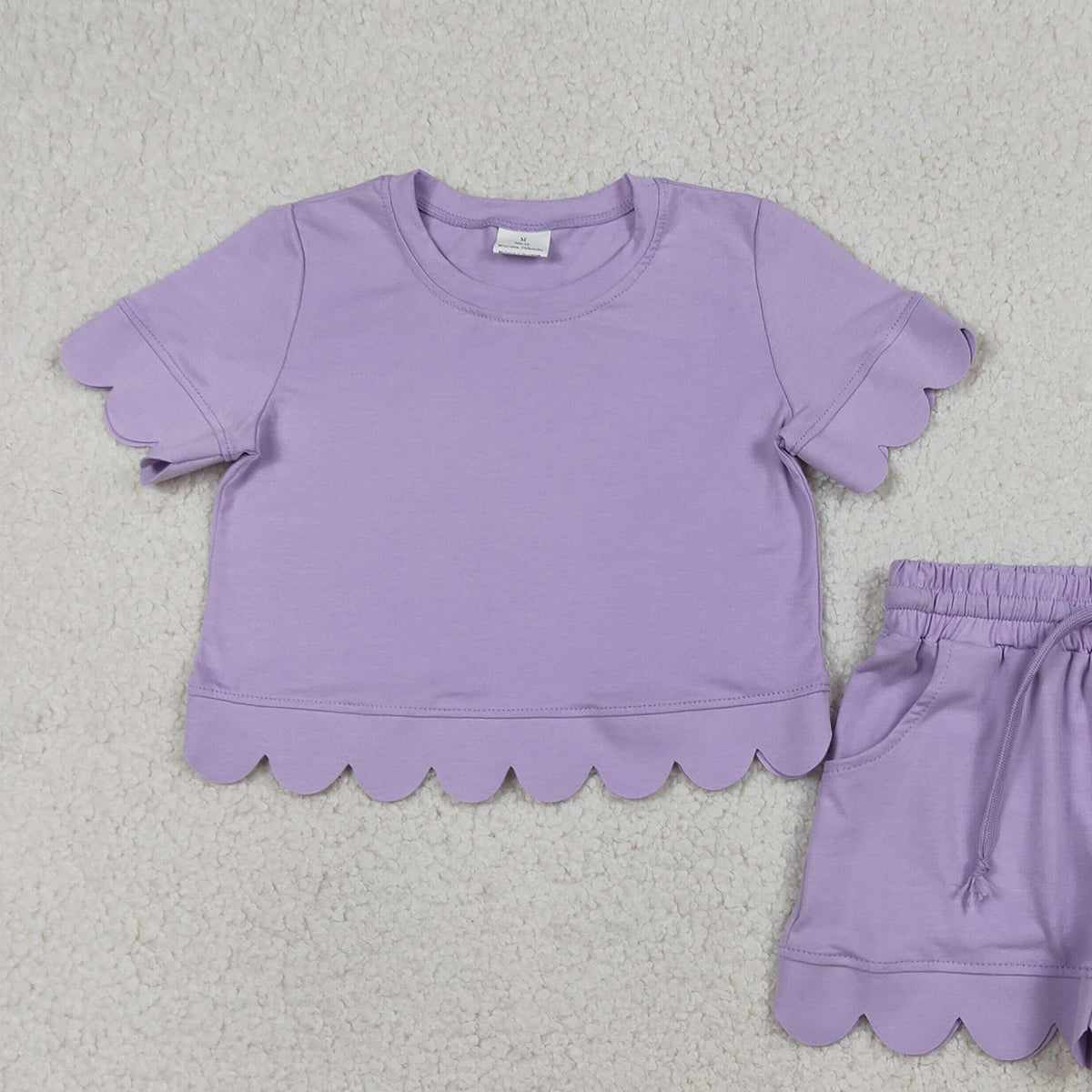 RTS NO MOQ GSSO3171 Baby Girls Lavender Short Sleeve Shirt with Pockets Scallop Edge Shorts Clothing Set Infant Outfit for Girls