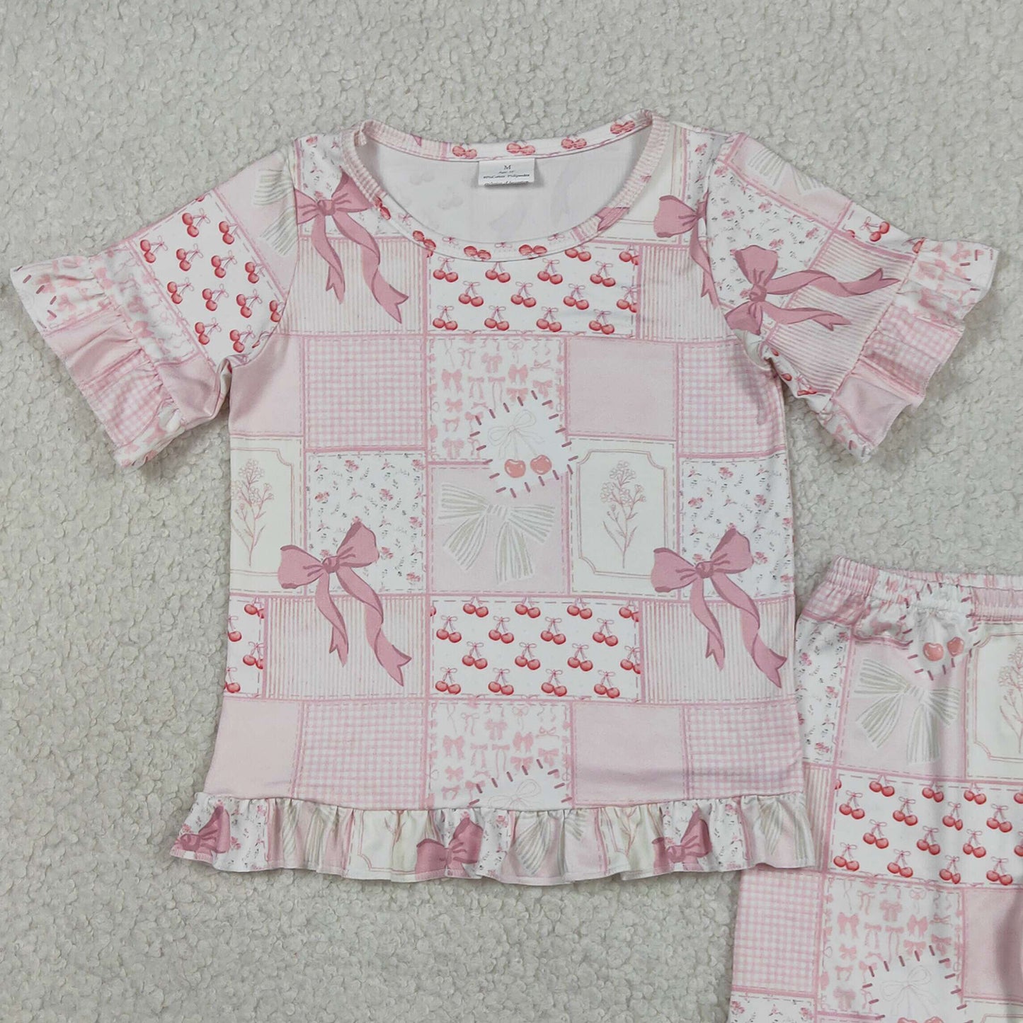 RTS NO MOQ GSSO3321 Baby Girls Cute Bows Flowers Checked Top Ruffle Pajama Shorts