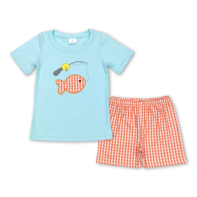 RTS NO MOQ Sibling Baby Boys Fishing Tee Orange Gingham Summer Shorts Clothes Sets