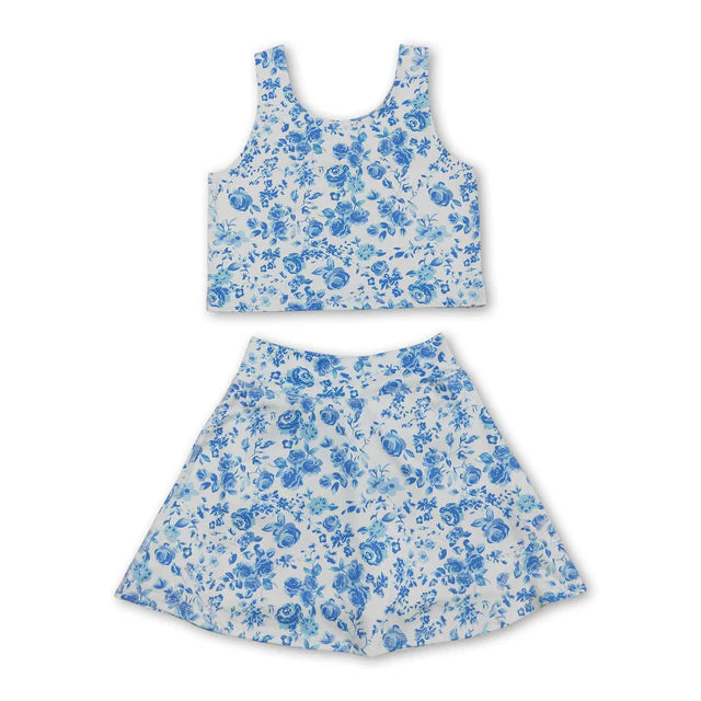 RTS NO MOQ Sibling Baby Girls Flowers Bows Sleeveless Vest Yoga Athletic Skorts Sets