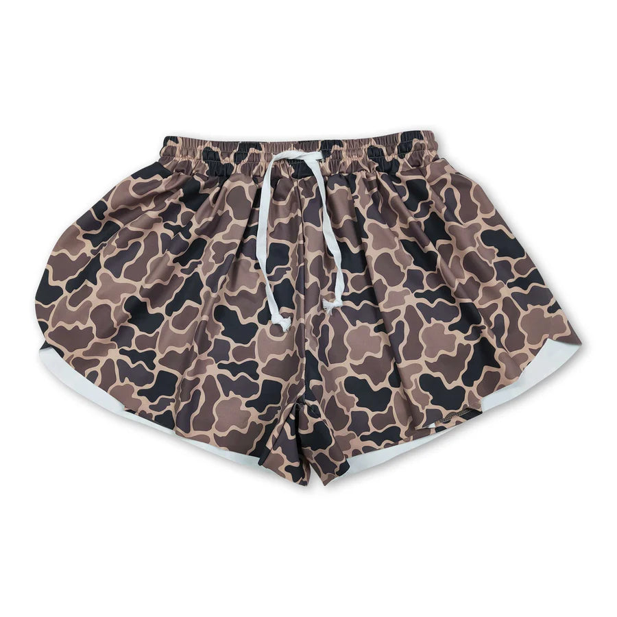 RTS NO MOQ Sibling Adult Women Southern Brown Camo Yoga Active Ruffle Shorts Bottom