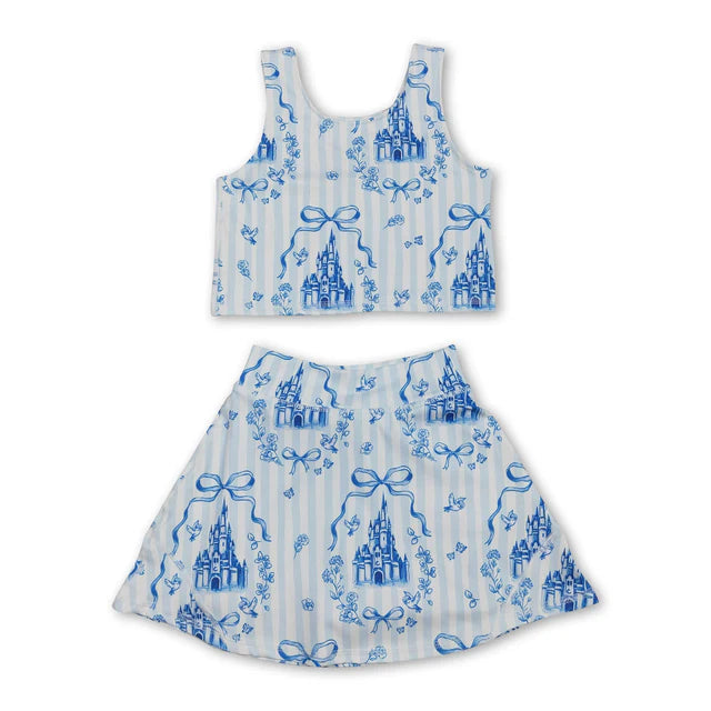 RTS NO MOQ Sibling Baby Girls Flowers Bows Sleeveless Vest Yoga Athletic Skorts Sets