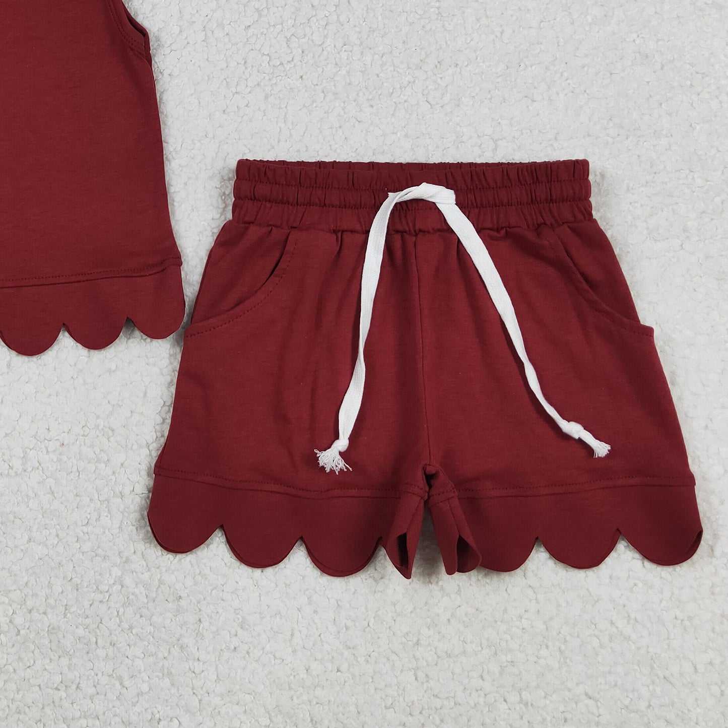 RTS NO MOQ cotton GSSO3734 Baby Girls Maroon Sleeveless Top Scallop Pocket Cotton Clothes Set