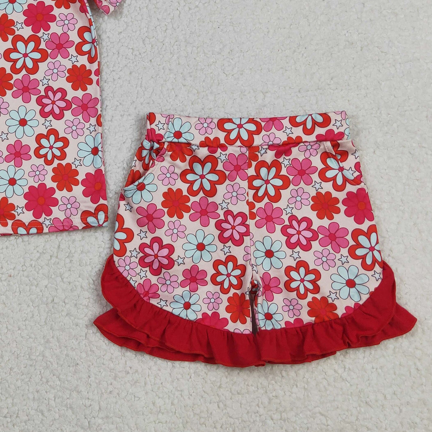 RTS NO MOQ GSSO3471 Baby Girls Cute Floral Top Ruffle Shorts Clothes Sets