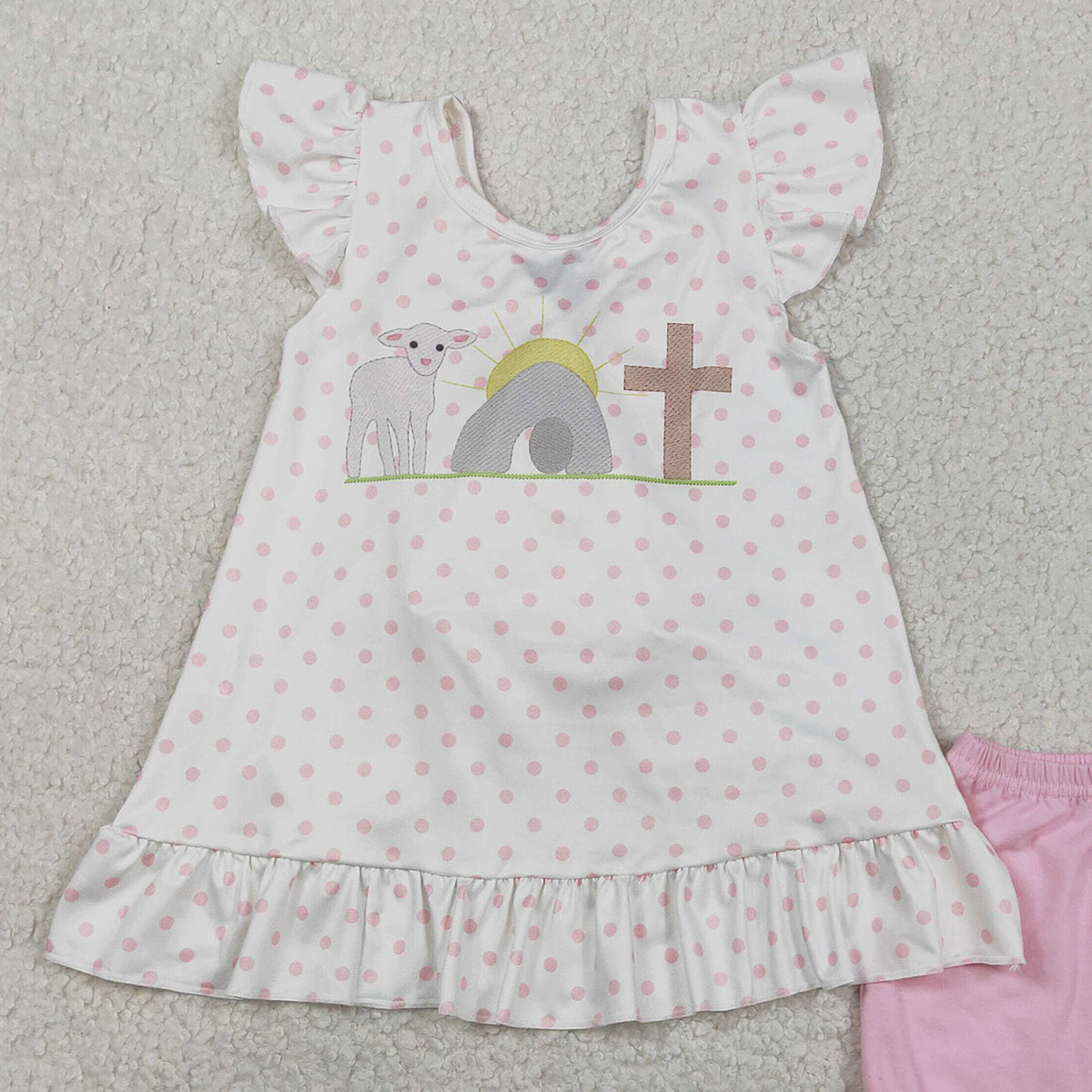 RTS NO MOQ GSSO3018 Baby Girls Easter Outfit Set Cross Polka Dots Back Bow Tunic with Ruffle Shorts
