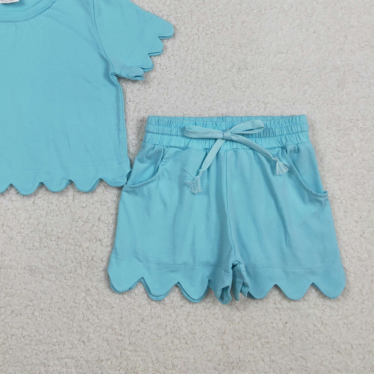 RTS NO MOQ GSSO3180 Baby Girls Blue Short Sleeve Shirt Top with Scallop Trim Matching Shorts Cute Outfit Set for Little Ones