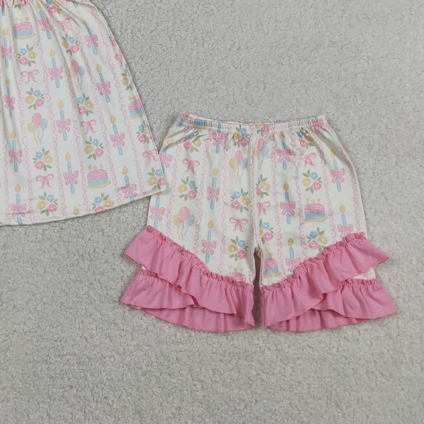 RTS NO MOQ GSSO3445 Baby Girls Summer Stripe Collar Colorful Bow Floral Short Set