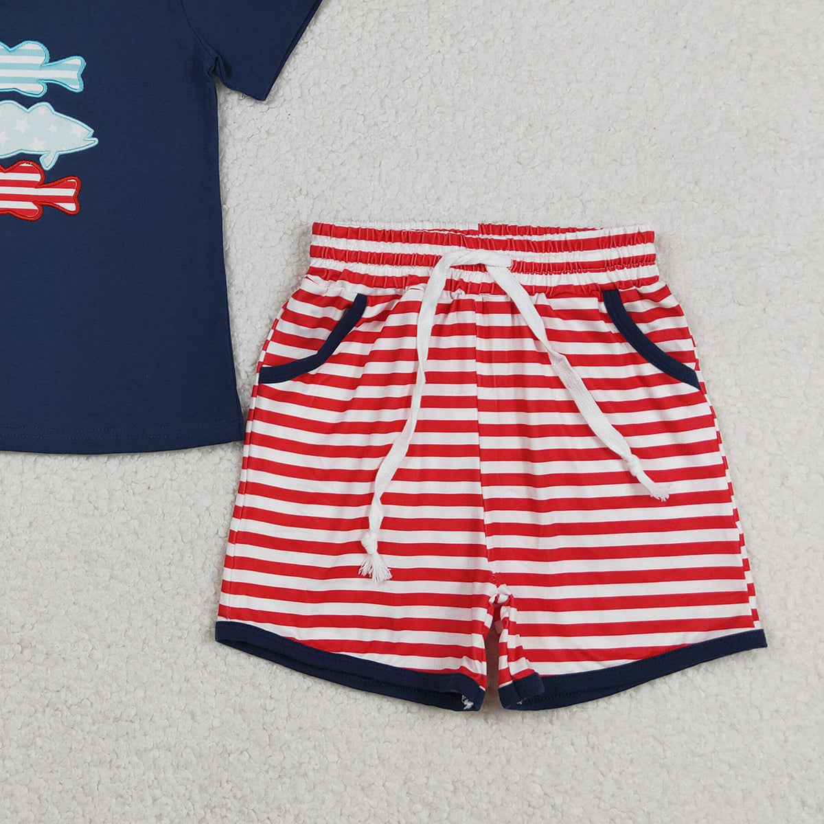 RTS NO MOQ BSSO1741 Embroidered Fish Baby Boys Outfit with Stripe Top And Shorts Clothing Set for 4th of July