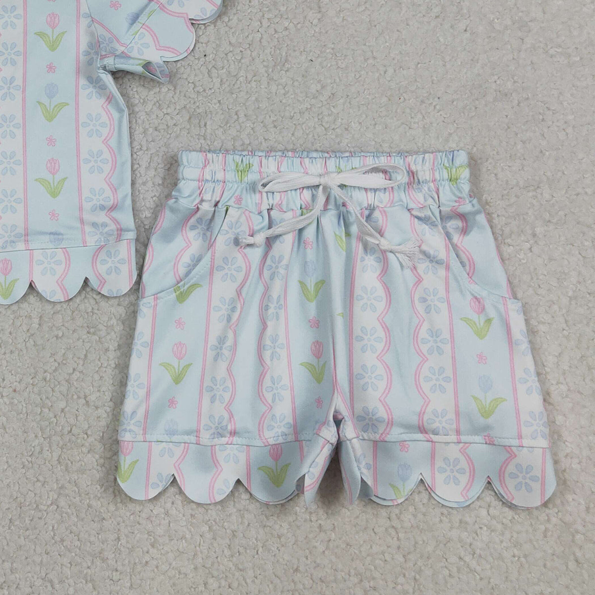 RTS NO MOQ GSSO3412 Baby Girls' Clothes Set with Floral Stripe Top And Scallop Shorts Outfit for Infants