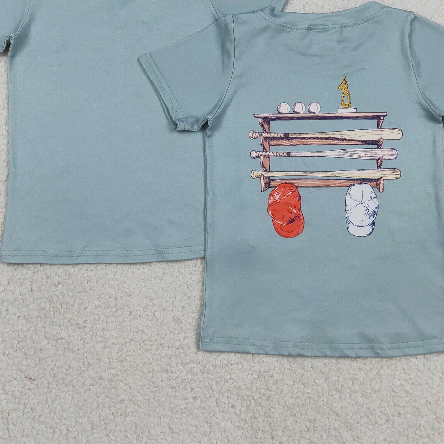 RTS NO MOQ BT1762 milk silk Baby Boys Casual Light Blue Short Sleeve Back Baseball Print T Shirt
