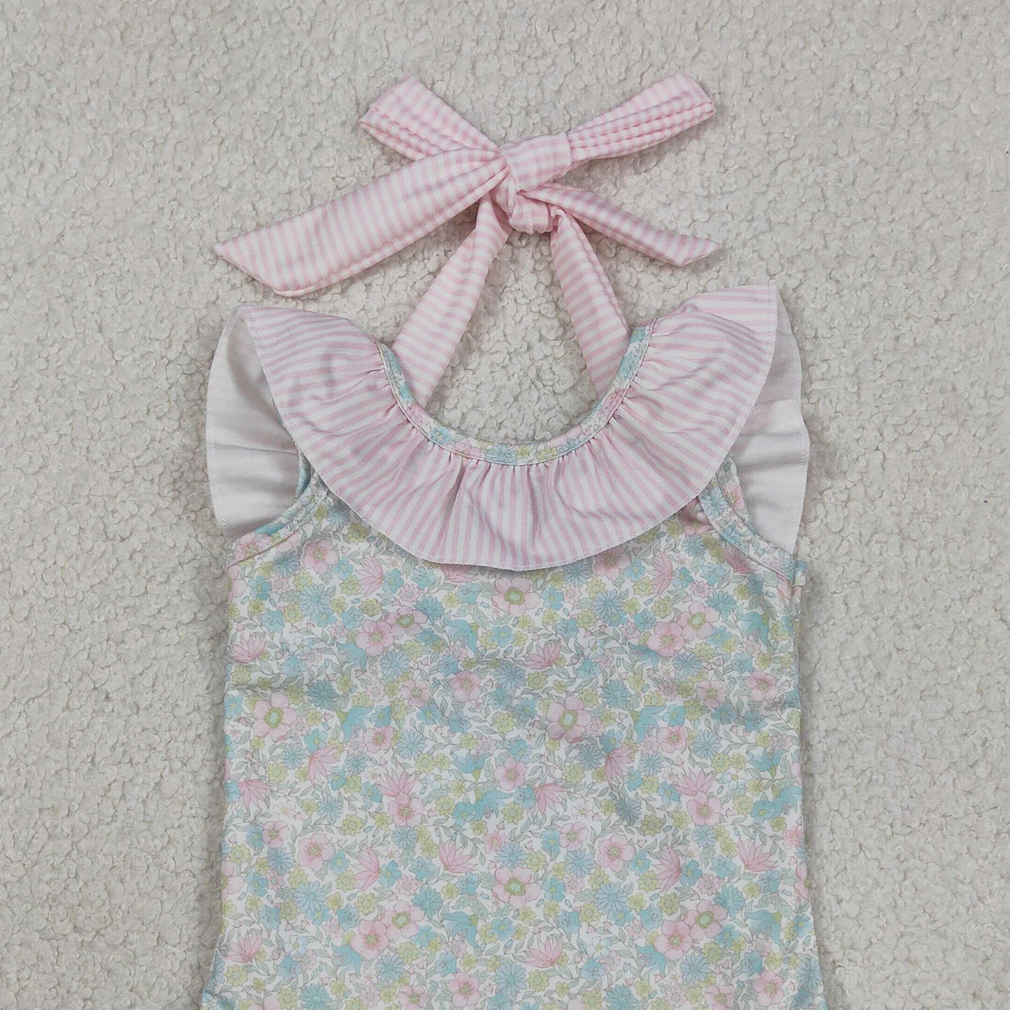 RTS NO MOQ S0732 Baby Girls Summer Stripe Bow Flutter Sleeve Floral Swimsuits